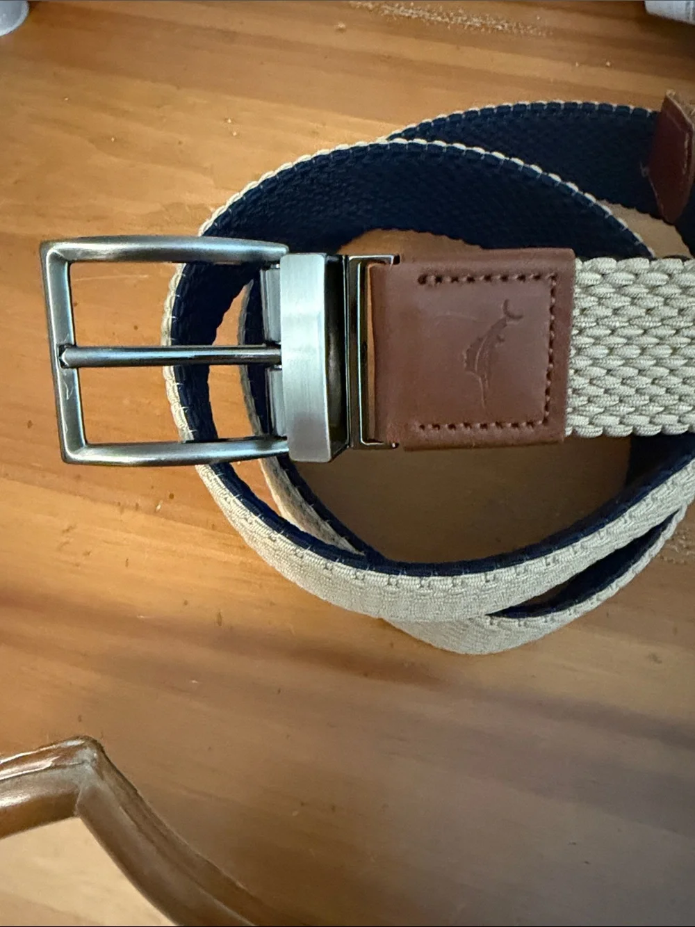 Tommy Bahama Woven Canvas Reversible Belt with Leather Trim - Navy & Beige